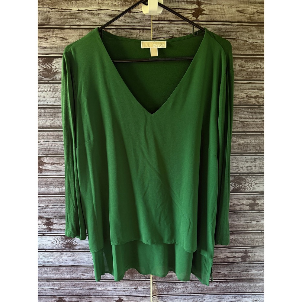 Michael Michael Kors Women's Long-Sleeved Blouse Sz XL Green Layered Hem V-Neck
